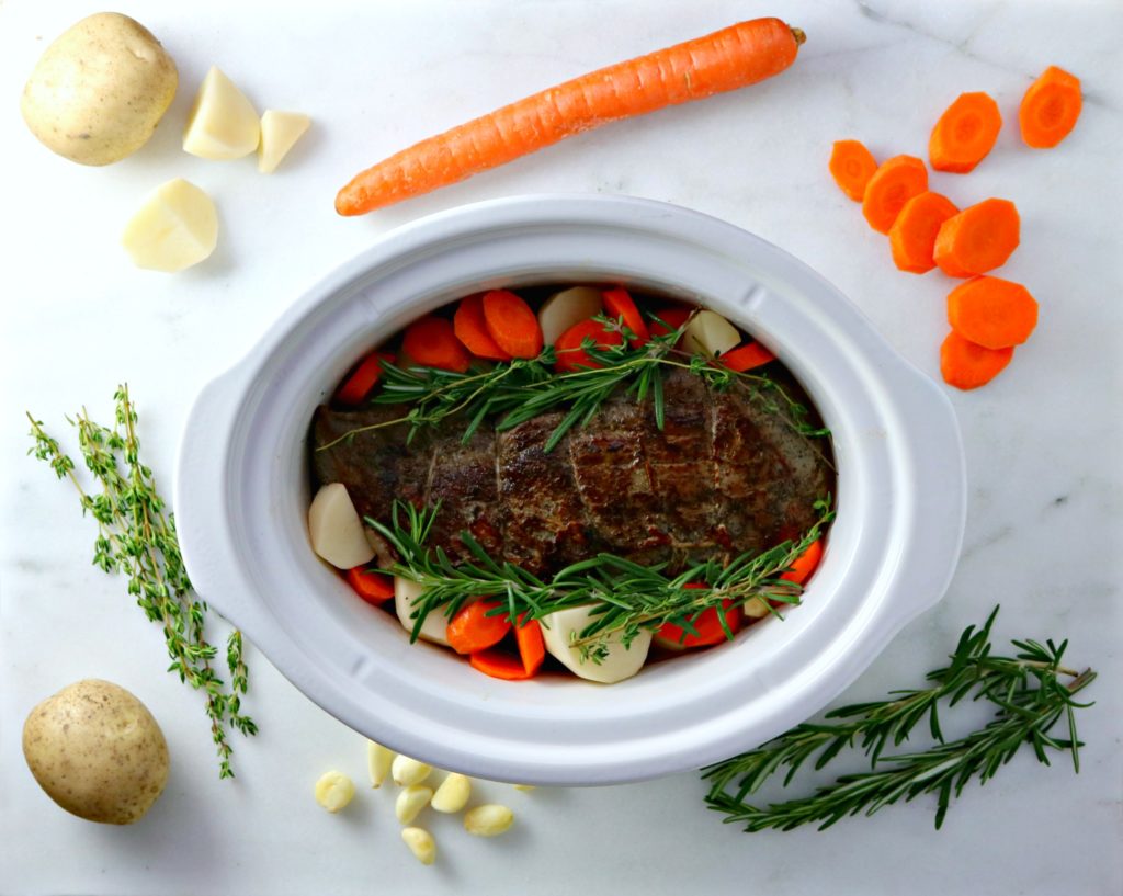 Top view of the beef in slowcooker.