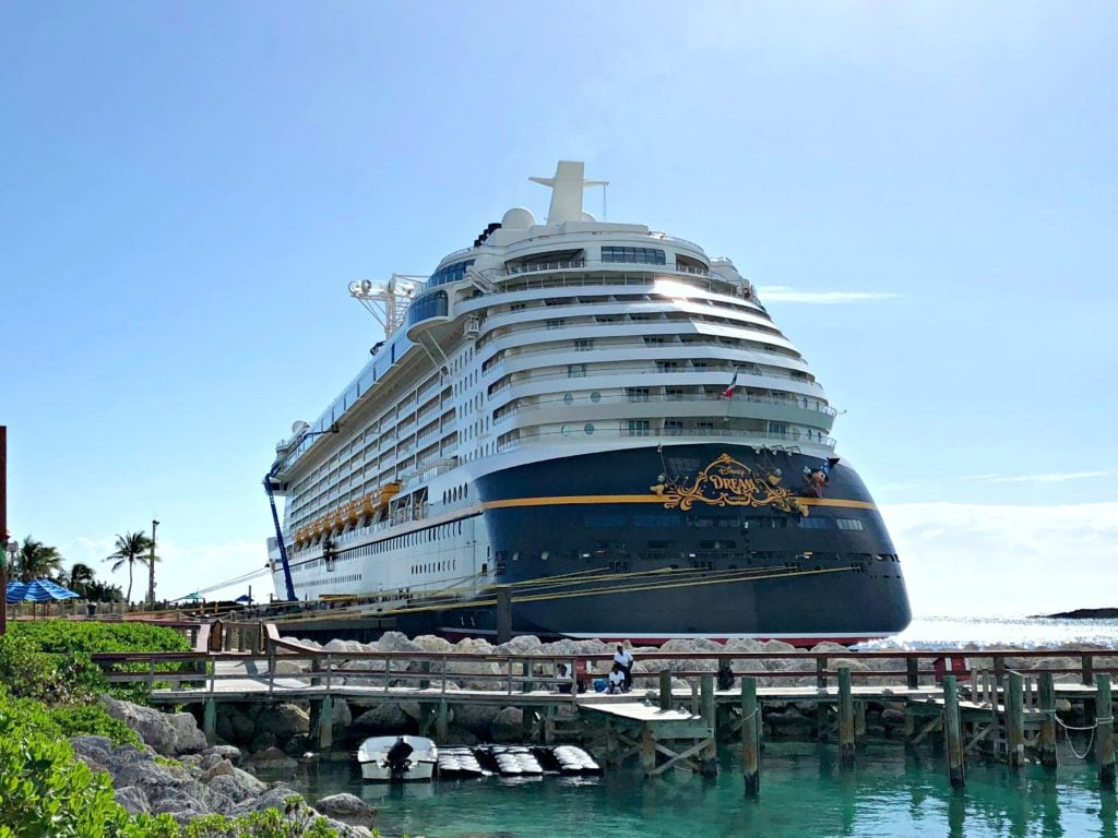 Disney Dream cruise ship docked at Castaway Cay. 