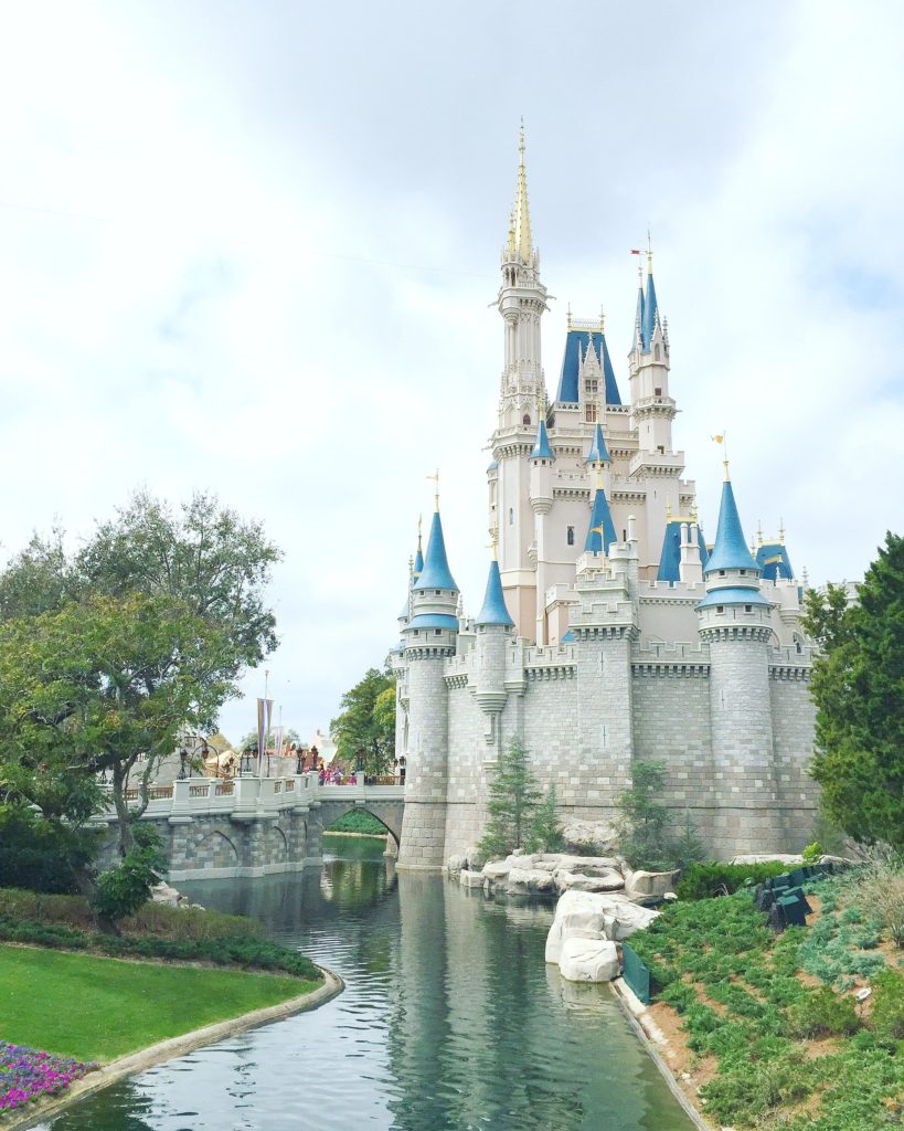 Cinderella's castle in Disney World Orlando with the gardens.