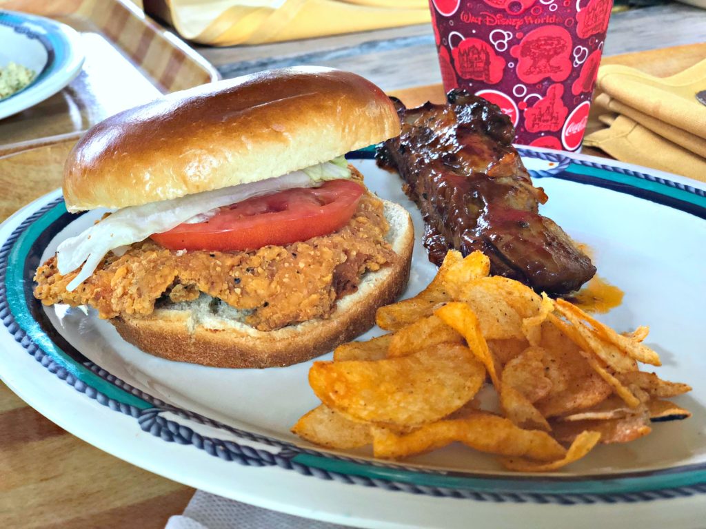 BBQ ribs, BBQ potato chips with the famous Spicy Chicken sandwich from Castaway Cay.