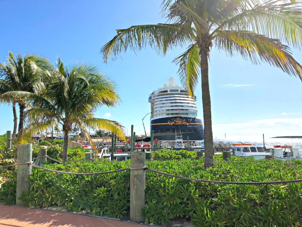 The view of the Disney Dream from the Castaway Cay tram.