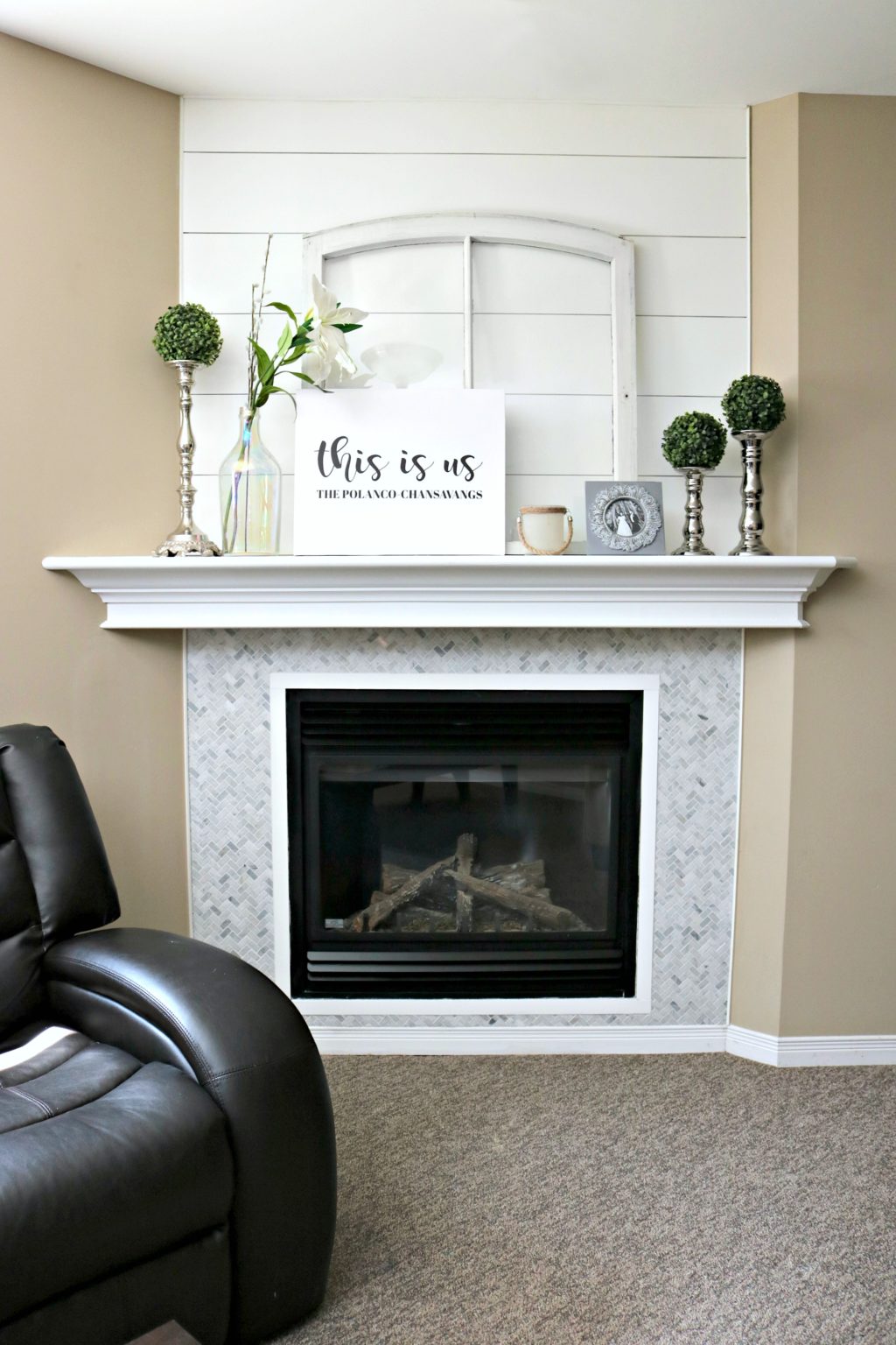 The final product of the newly revamped fireplace and mantle. See how you can revamp your fireplace!