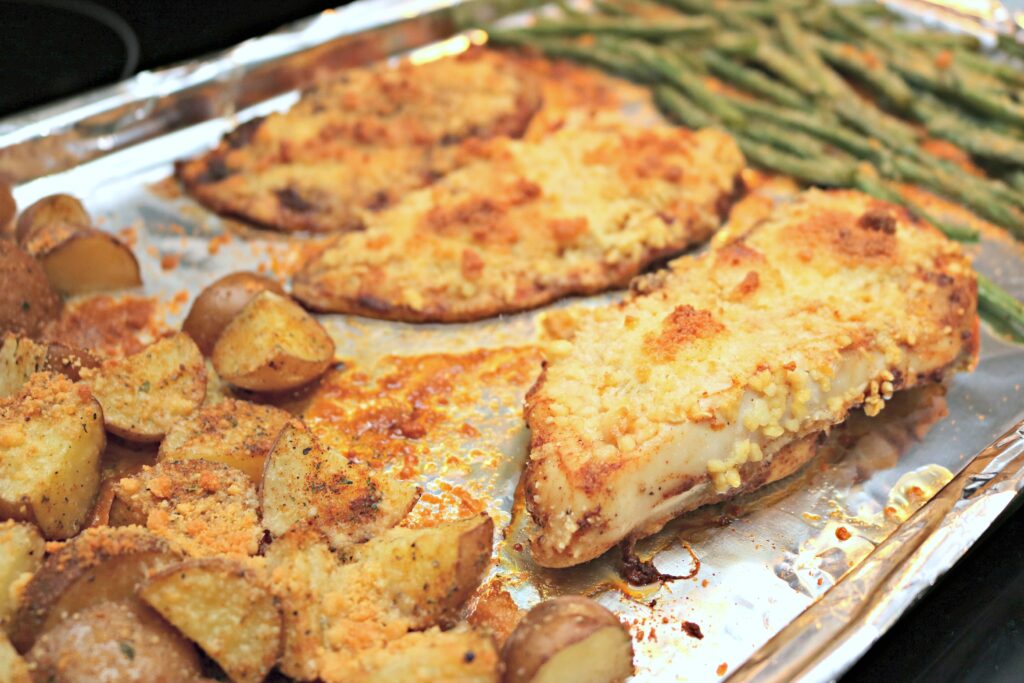 The final dish is cooked and sitting on a pan.