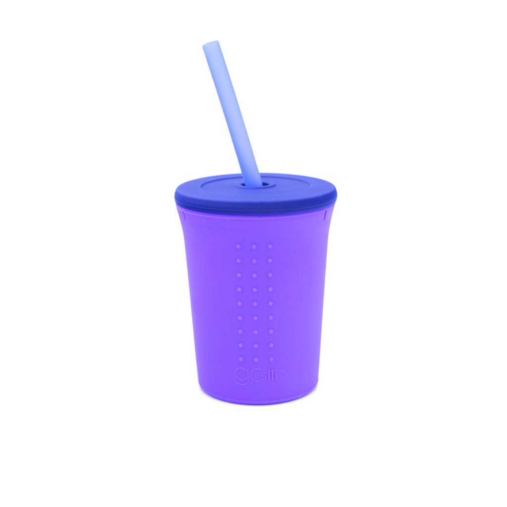 A purple silicone cup with a straw from GoSili.