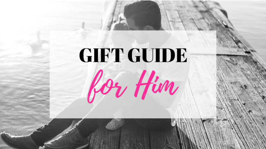 A picture of a son and father sitting on a dock, a banner reads, "Gift Guide-for him."