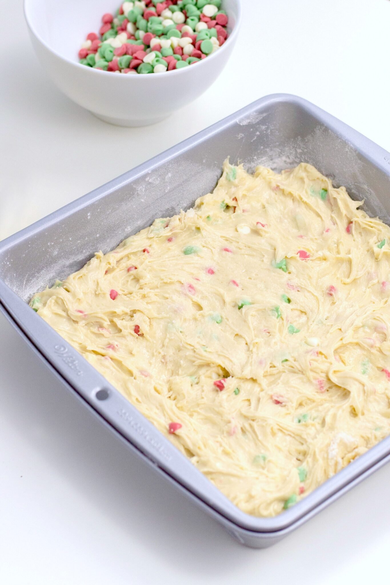 The holidays abound in desserts. In fact, it's one of my favourite parts about Christmas. Try making these. They are the Best Christmas Blondies recipe! #christmasdesserts #christmasblondies #blondies Christmas Blondies batter all mixed up and ready to be baked.