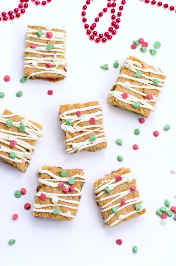 Christmas Blondies are shown in a bird's eye view. 