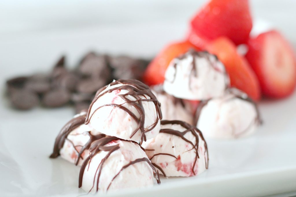 The finished product of chocolate covered strawberry fat bombs. 