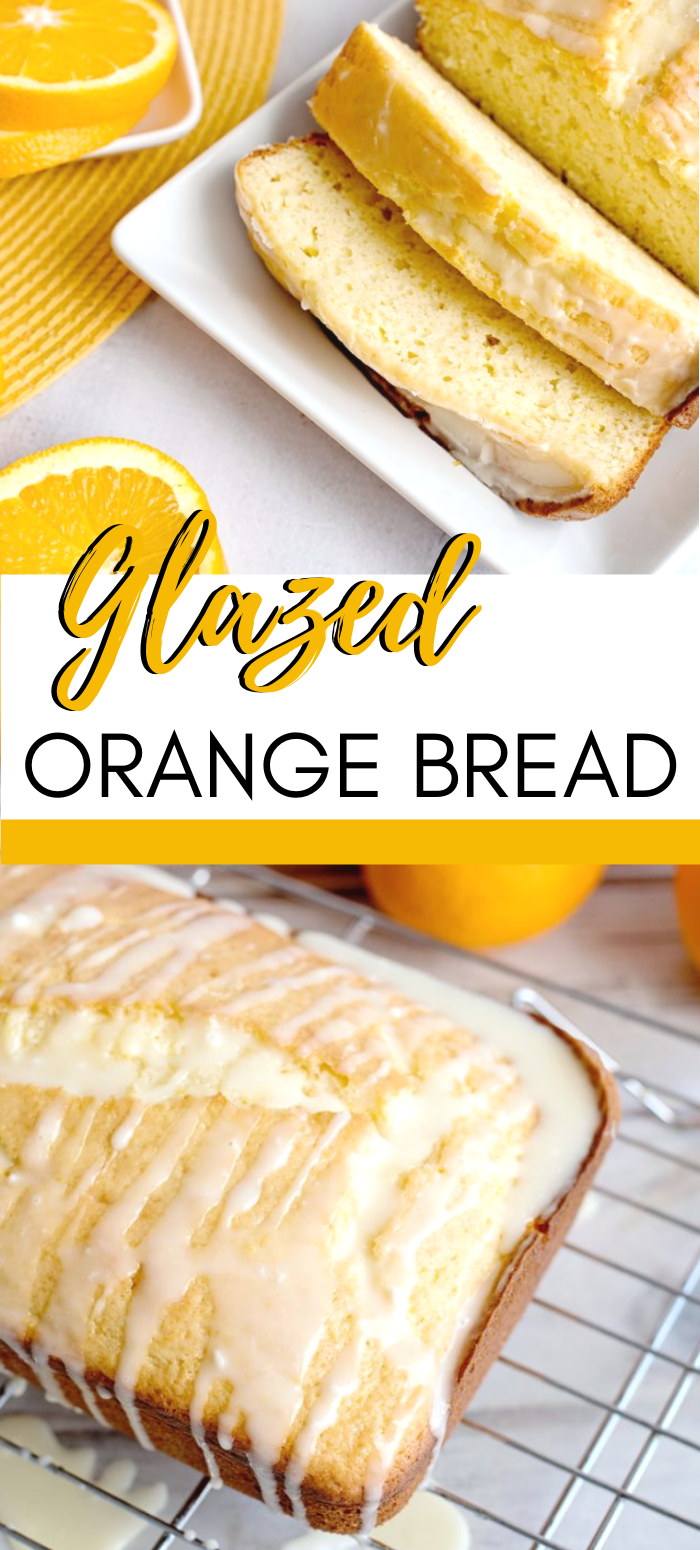 This Glazed Orange Bread is infused with seasonal citrus and then topped with a sweet orange glaze. It really is amazing. Baked to perfection--so good! #breadrecipes #orangebread #easyrecipes