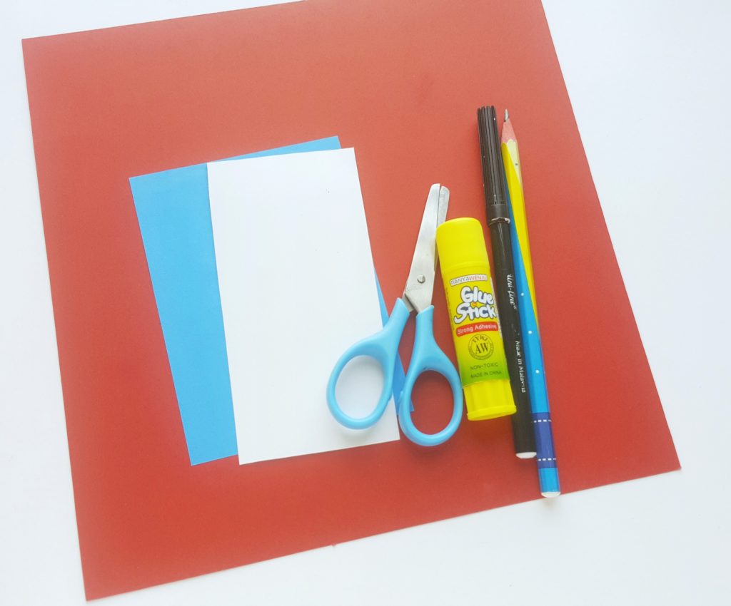 The art supplies needed for Thing 1 and Thing 2 paper craft. 