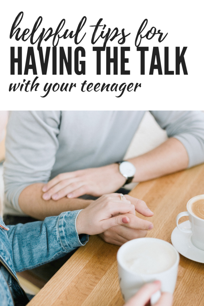 A banner that says "helpful tips for having the talk with your teenager" with a picture of two people talking over coffee.