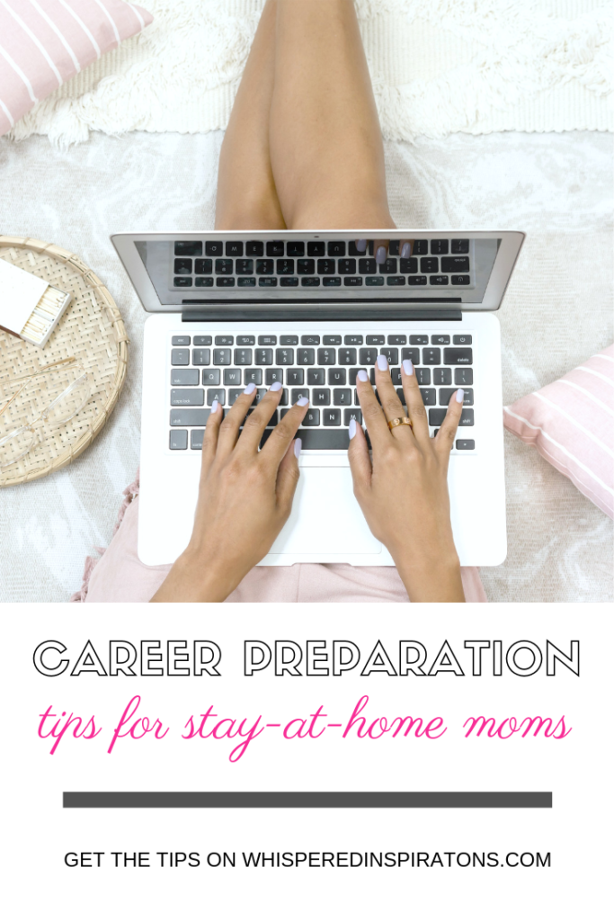 Woman sits on laptop in bed in a banner that says career preparation tips for stay at home moms.