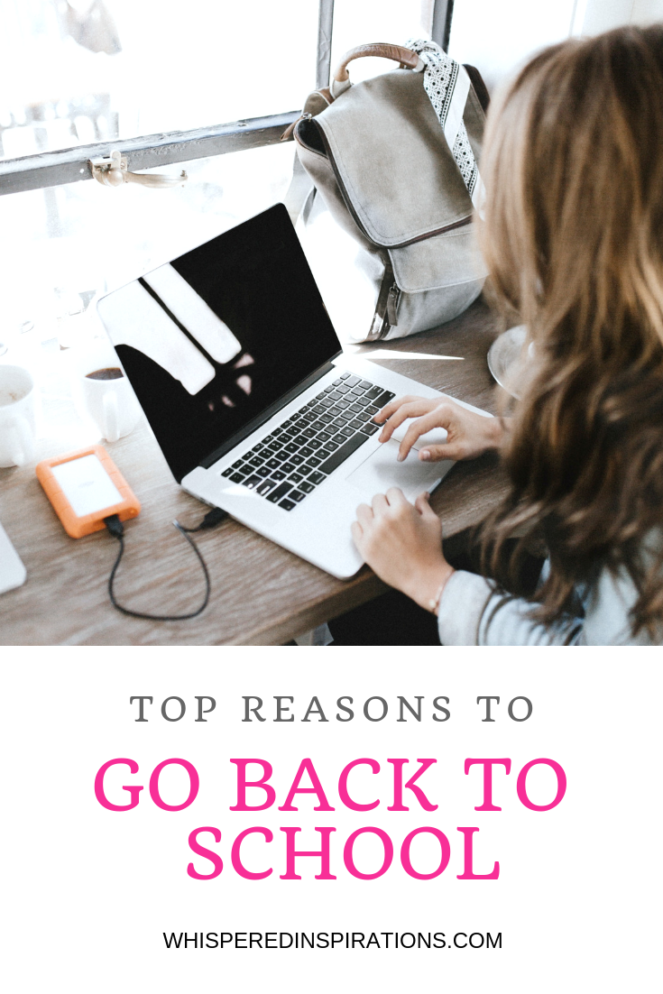 A picture of a woman working on a laptop in a cafe, underneath is a banner that reads, 'Top Reasons to Go Back to School.'