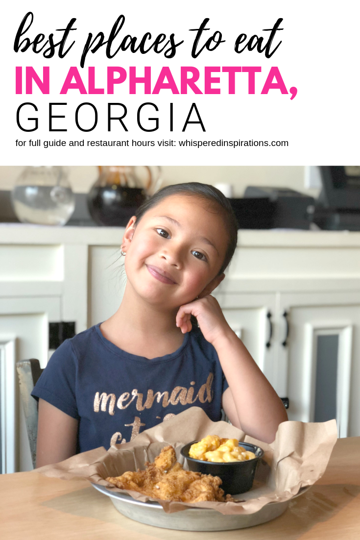 A banner that reads "best places to eat in Alpharetta, Georgia, for full guide and restaurant hours visit: whisperedinspirations.com" with a picture of a little girl eating BBQ.