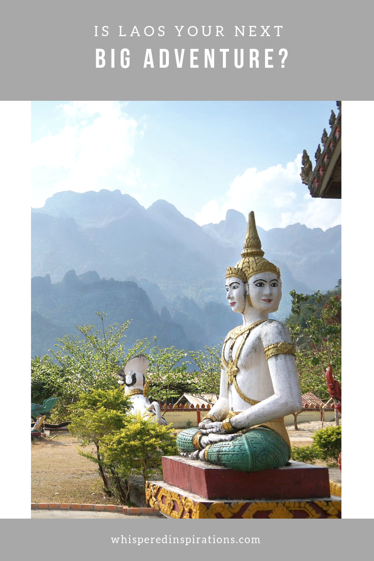 A banner reads, "Is Laos Your Next Big Adventure?" underneath a Laos temple with a Buddha statue is shown.