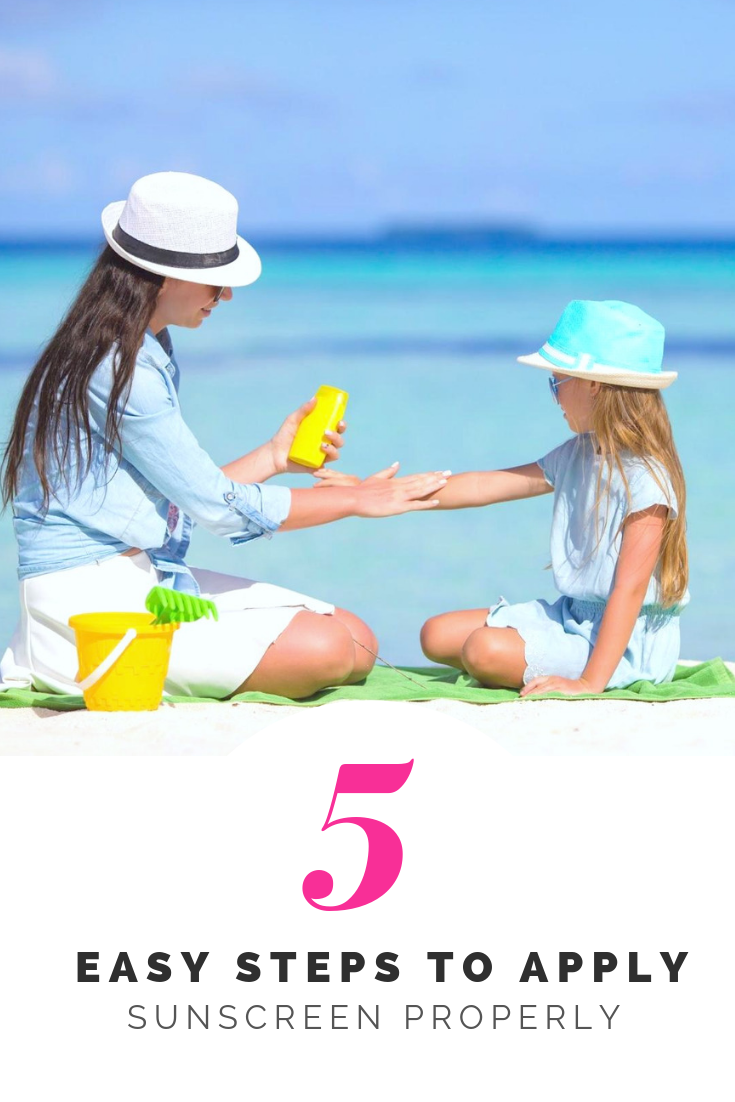 A woman and a young girl sit on the beach applying sunscreen. A banner reads below them, '5 easy steps to apply sunscreen properly.'