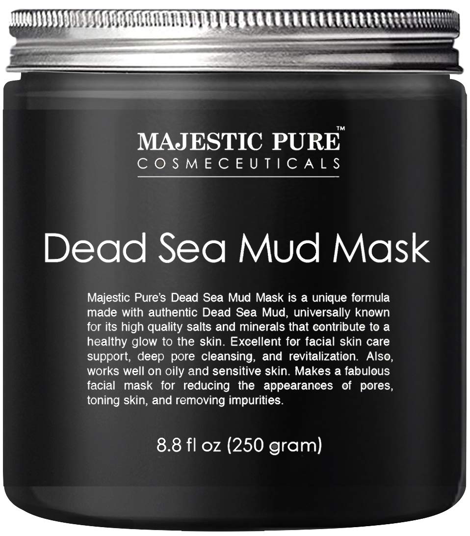 A black mason jar with Dead Sea Mud Mask in it. From Majestic Pure Cosmceuticals.