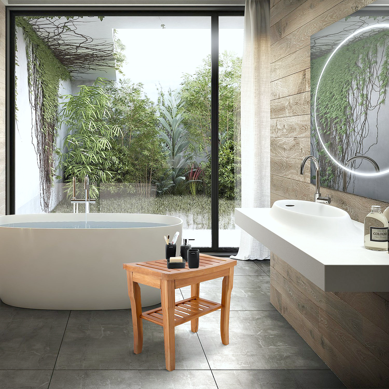 A serene bathroom is pictured with a great view of the outdoors, a bamboo shower bench sits next to a standalone tub next to a floating sink.