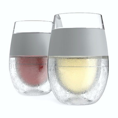 Frosted wine glasses that are clear with a sillver streak. Two cups are shown with red and white wine. 