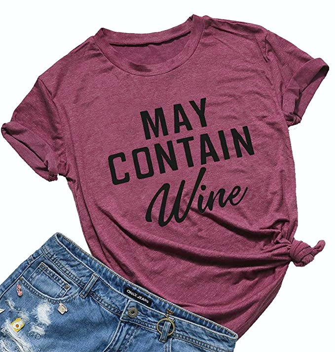 May Contain Wine t-shirt is pictured with denim shorts. 