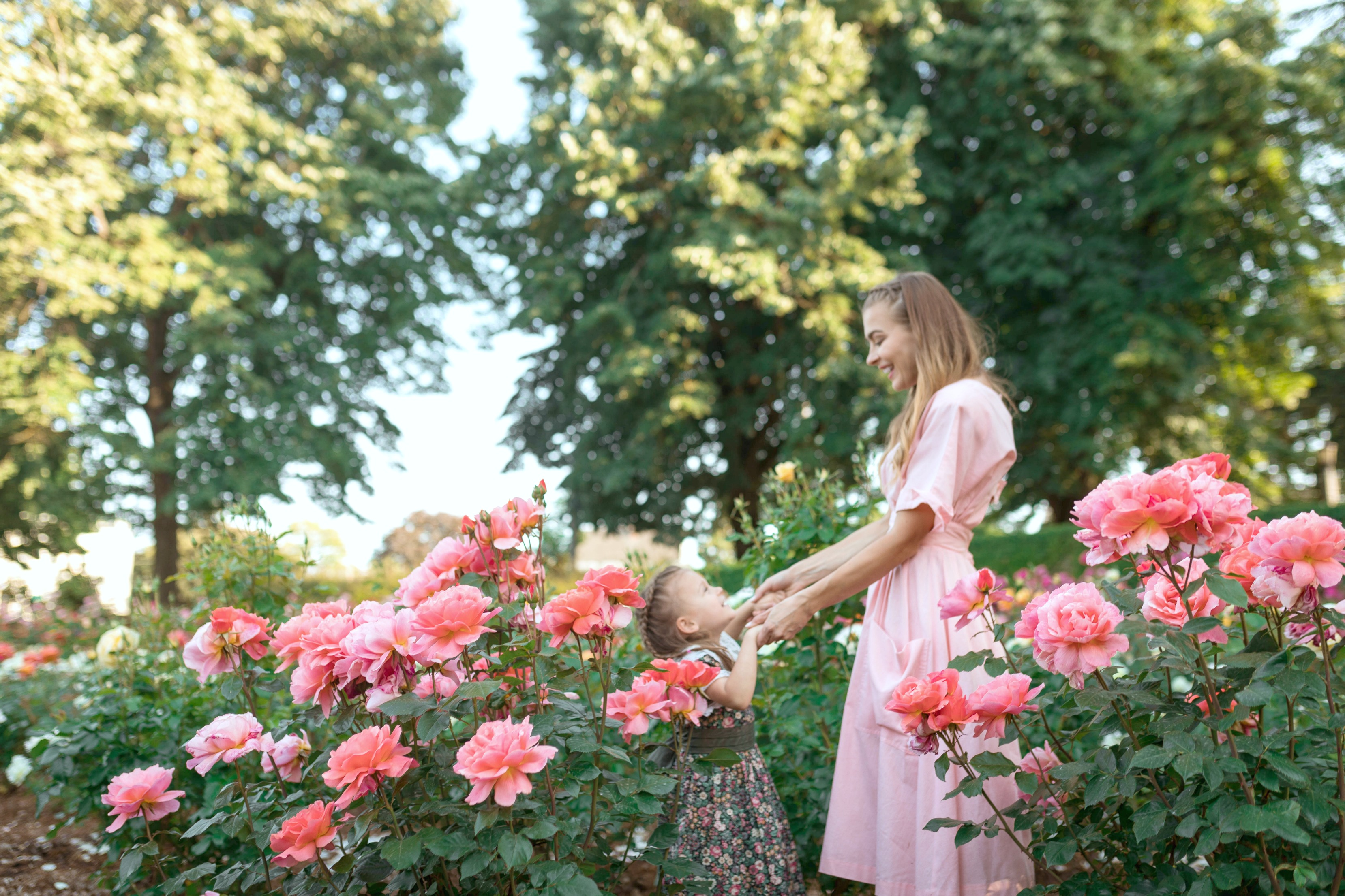 A young mom and her daughter hold hands inside rose bushes while they smile at each other. 