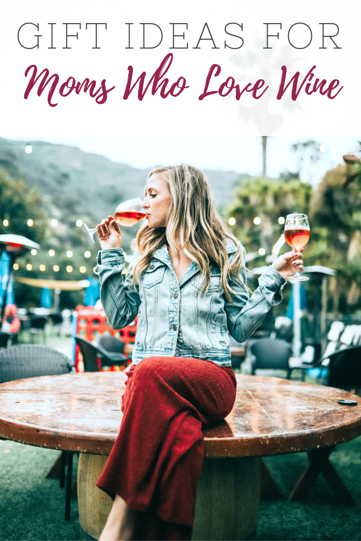 A banner reads, "Gift Ideas for Moms Who Love Wine' and it shows a woman drinking a glass of wine, while holding another. 