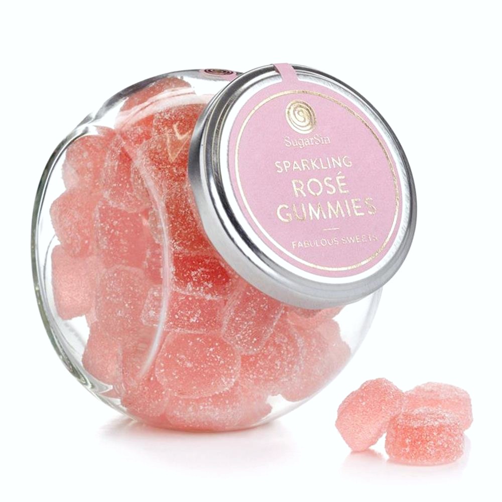 Sparkling Rose Gummies are shown in a glass jar. 