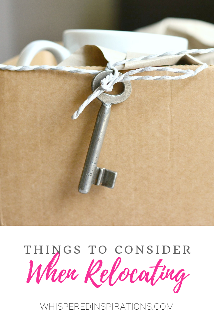 A picture of a moving box with a mug. A little key hangs on a string. A banner below reads, "Things to Consider When Relocating".