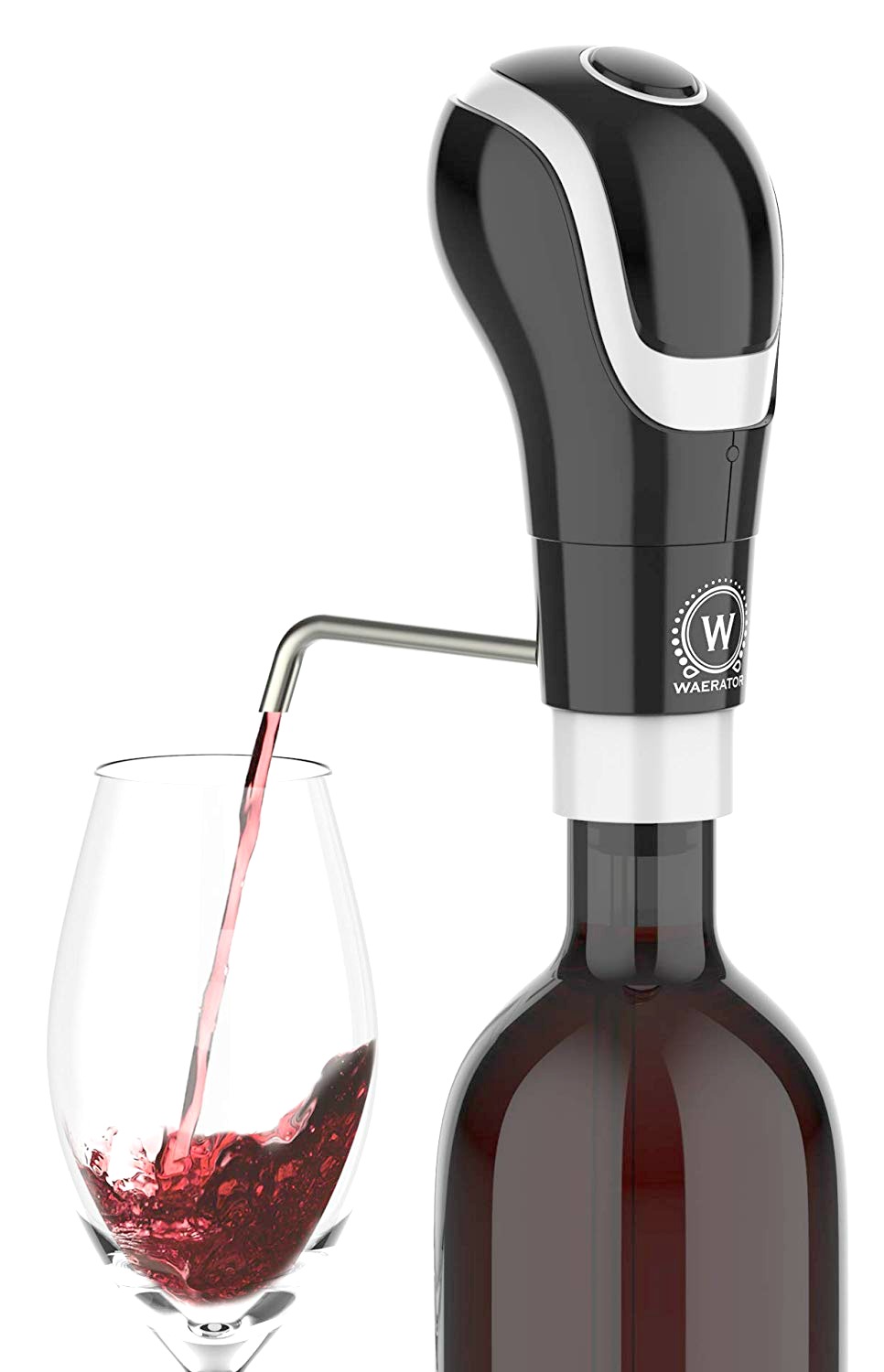 A wine bottle is shown pouring wine into a glass with an aerator. 