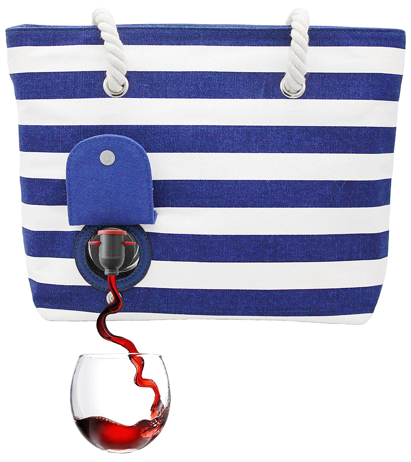 A nautical looking tote bag conceals a wine bag inside that can be served right from the bag. 