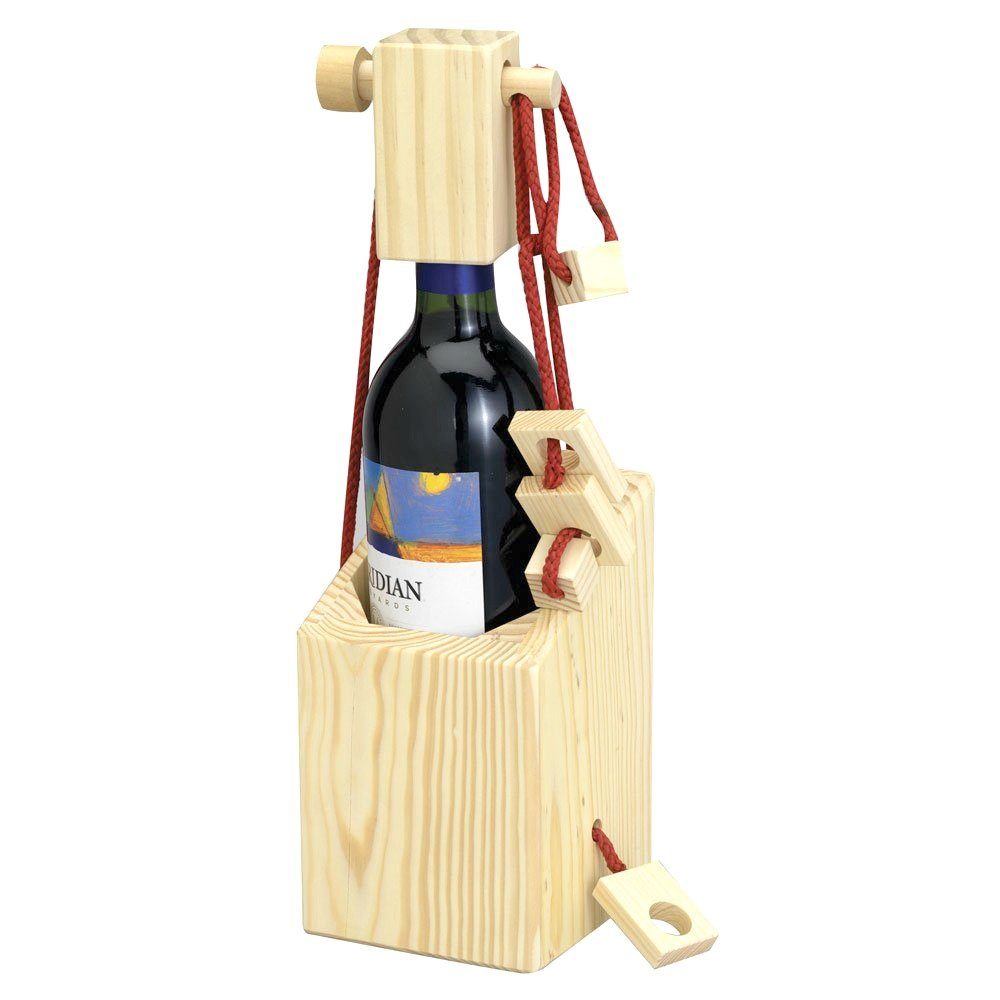 A fun wine holder that is a puzzle to open before you enjoy it. 