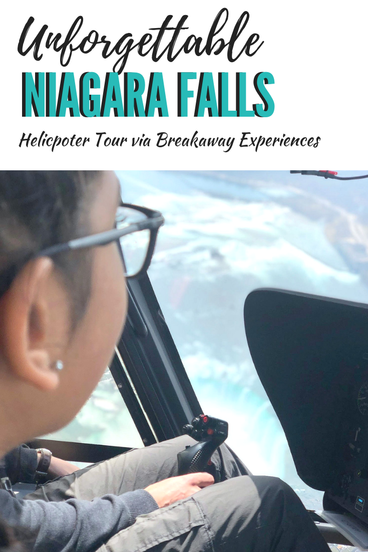 A banner reads "Unforgettable Niagara Falls Helicopter Tour" and it shows a girl looking out the window of a helicopter at the falls. 