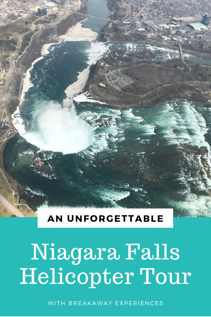 A bird's eye view of Niagara and Niagara Falls with a banner that reads, "An unforgettable Niagara Falls Helicopter Tour".