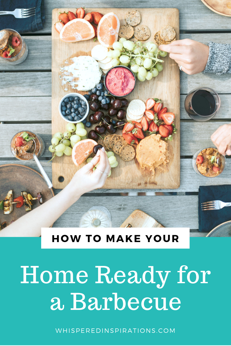 A picture of a flatlay of hands eating off a charcuterie board. Each plate consists of BBQ. Friends enjoying a meal together. A banner below reads, "How to Make your Home Ready for a BBQ."