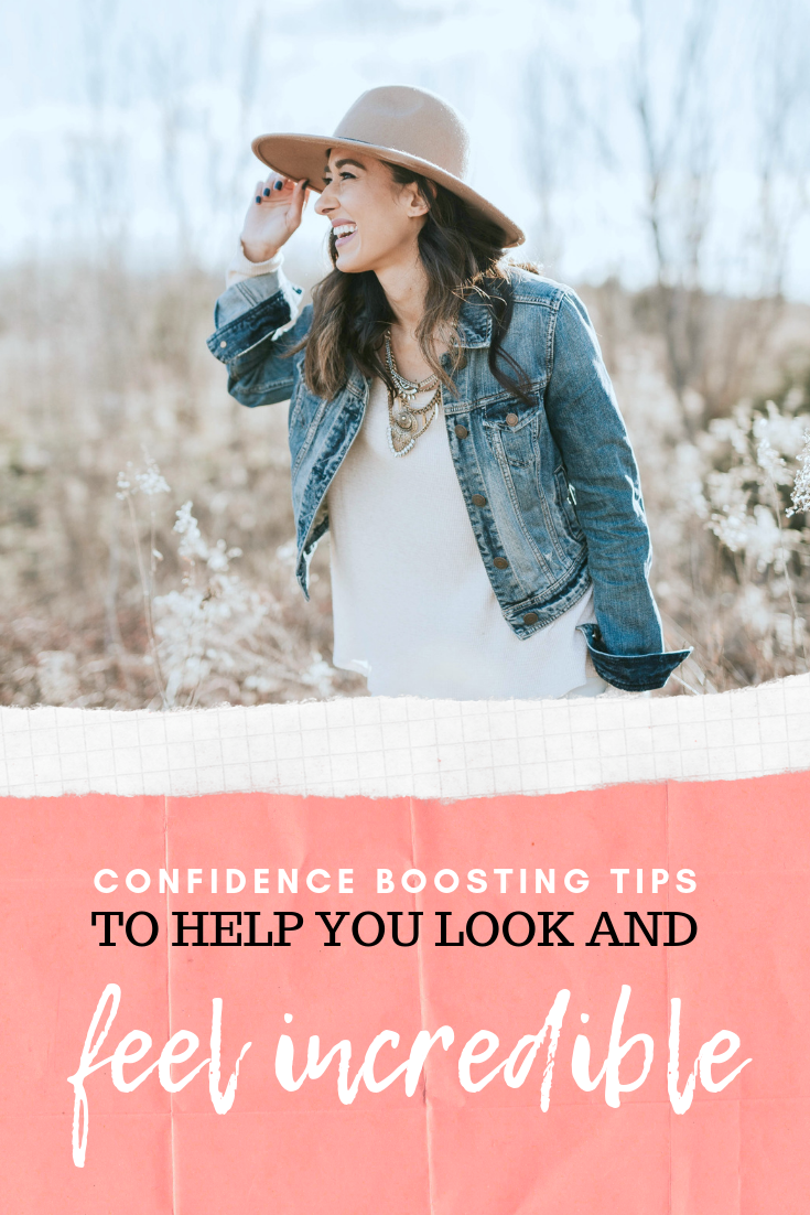 A woman smiles happily and confidently in a field, below her is a banner that reads, "Confidence boosting tips to help you look and feel incredible". 