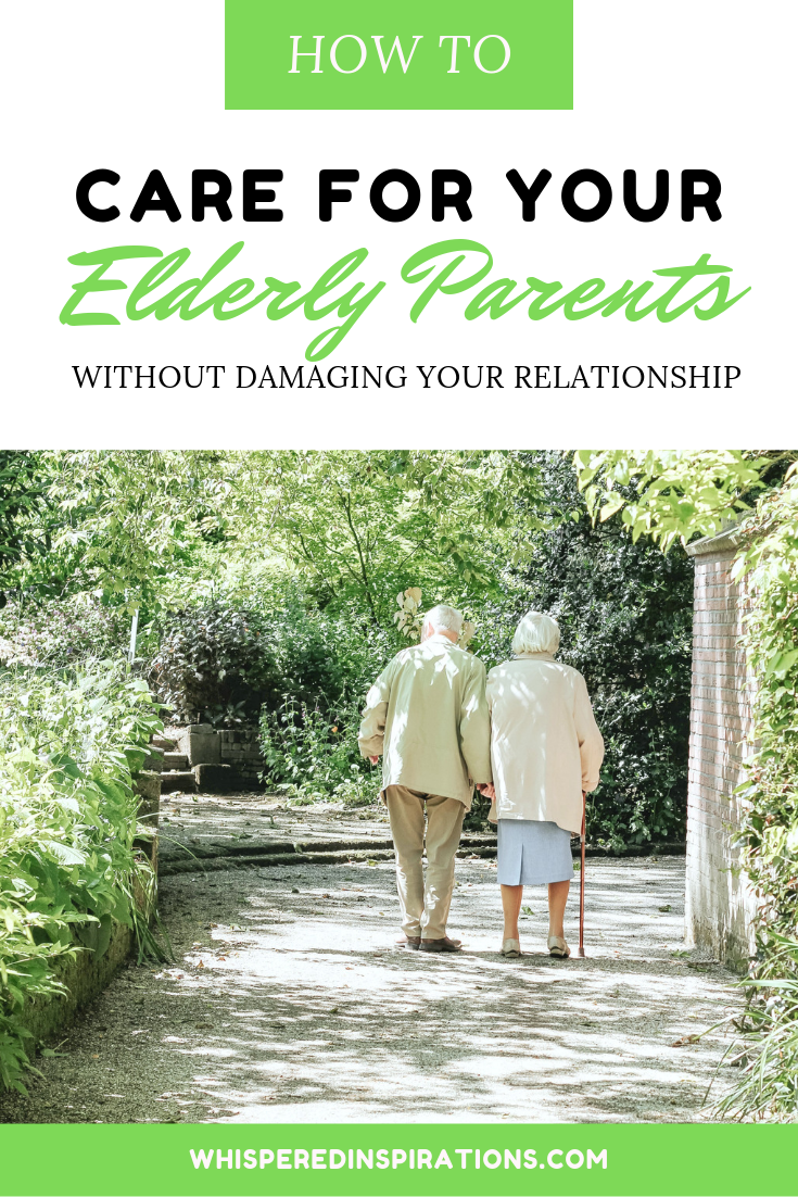 A banner reads, "how to care for your elderly parents without damaging your relationship," and a picture of an elderly couple walking on a nature path are shown. 