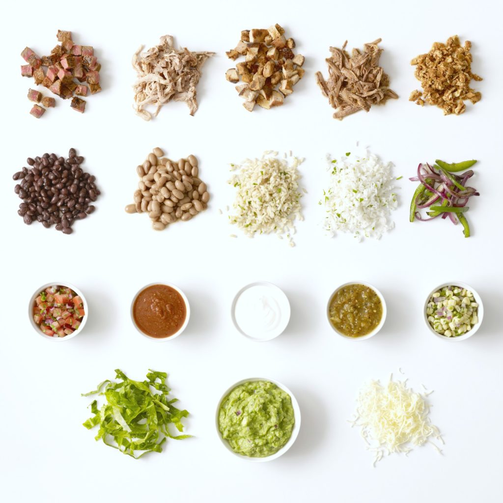 Chipotle Mexican Grill ingredients, birds eye view.