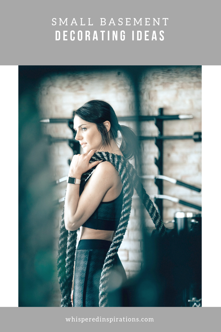 A woman holds battle ropes in her home gym,  a banner above reads, "Small Basement Decorating Ideas."