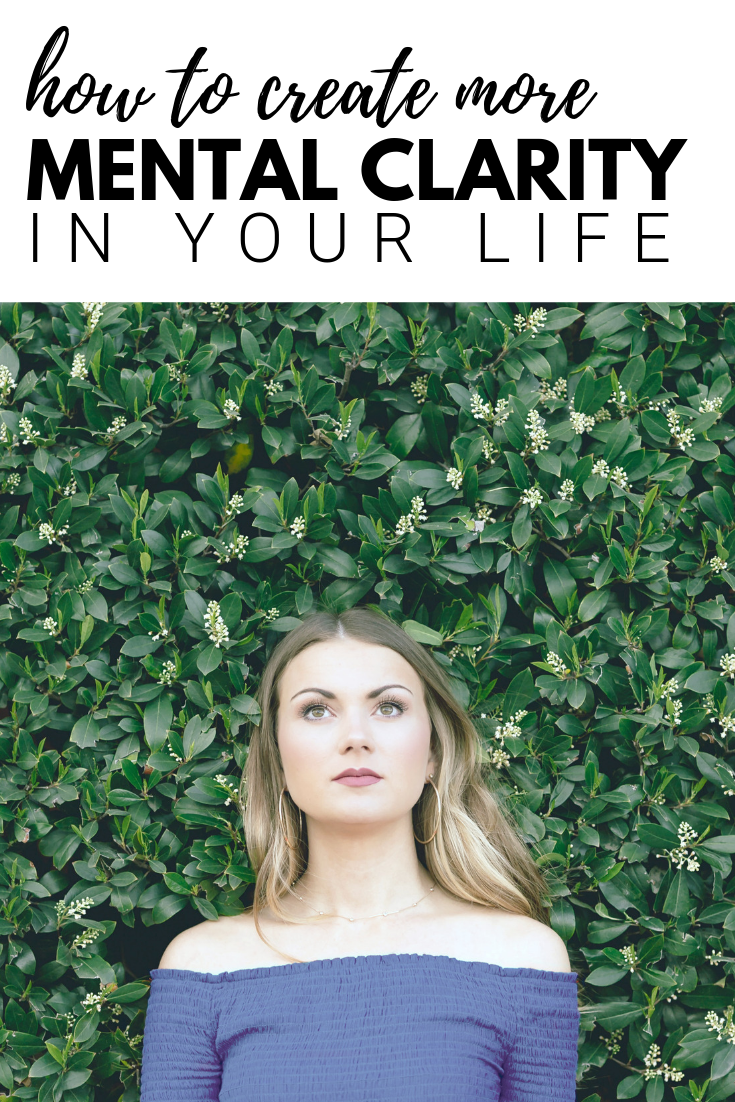 A banner reads, "How to create mental clarity in your life," a picture of a Woman stands in front of a green live plant wall, looks up pensively.