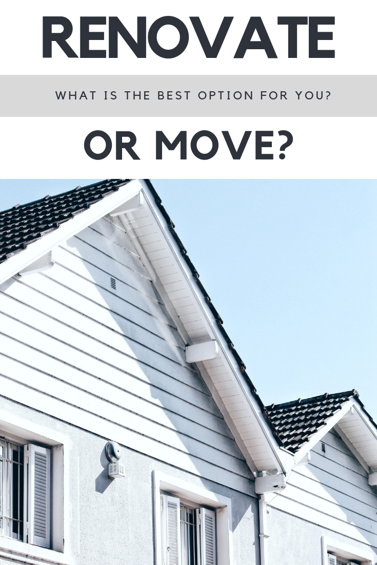 A banner reads, "Renovate or Move? What's the best decision for you?" A picture of two roof peaks of a beautiful home is shown. 