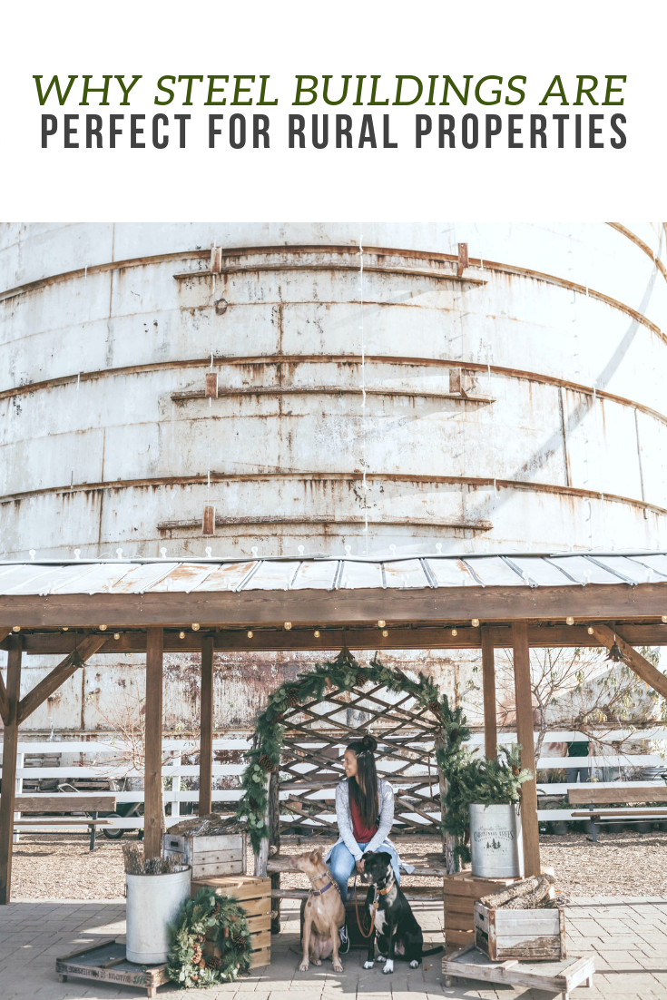 A banner reads, "Why Steel Buildings are Perfect for Rural Properties," a girl sits with a silo behind her while she sells wreaths and greenery. 