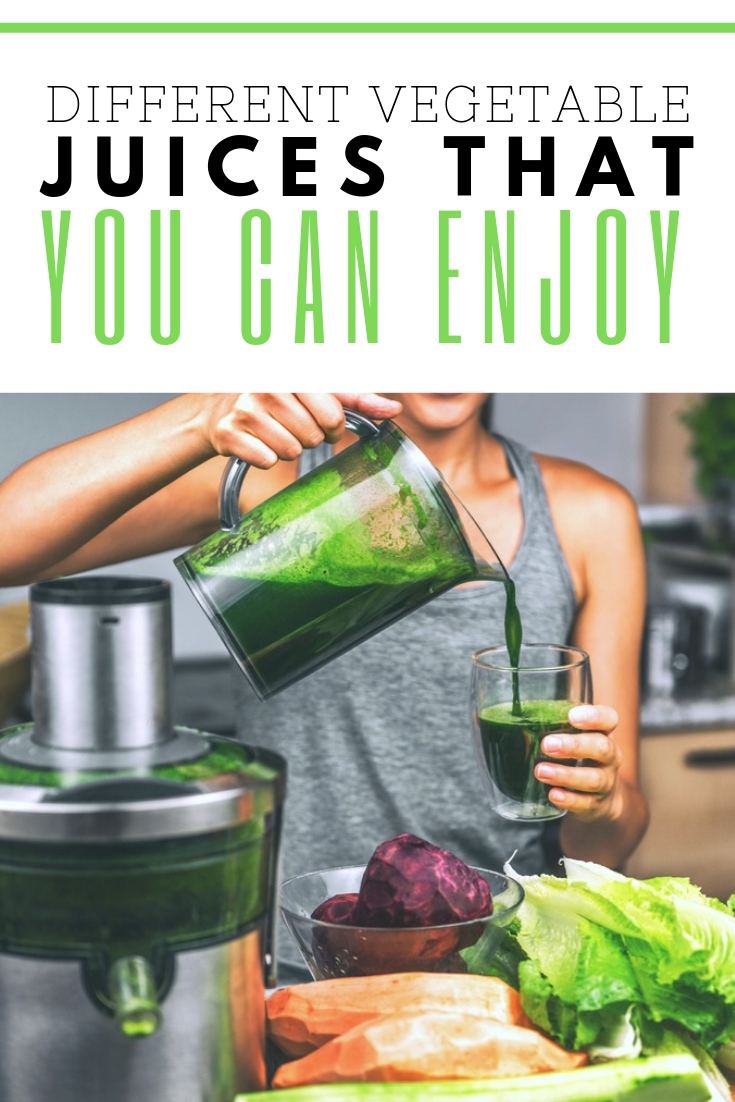 A banner reads, "Different Vegetable Juices That You Can Enjoy," and a picture of a woman pouring a glass of green juice is shown. 