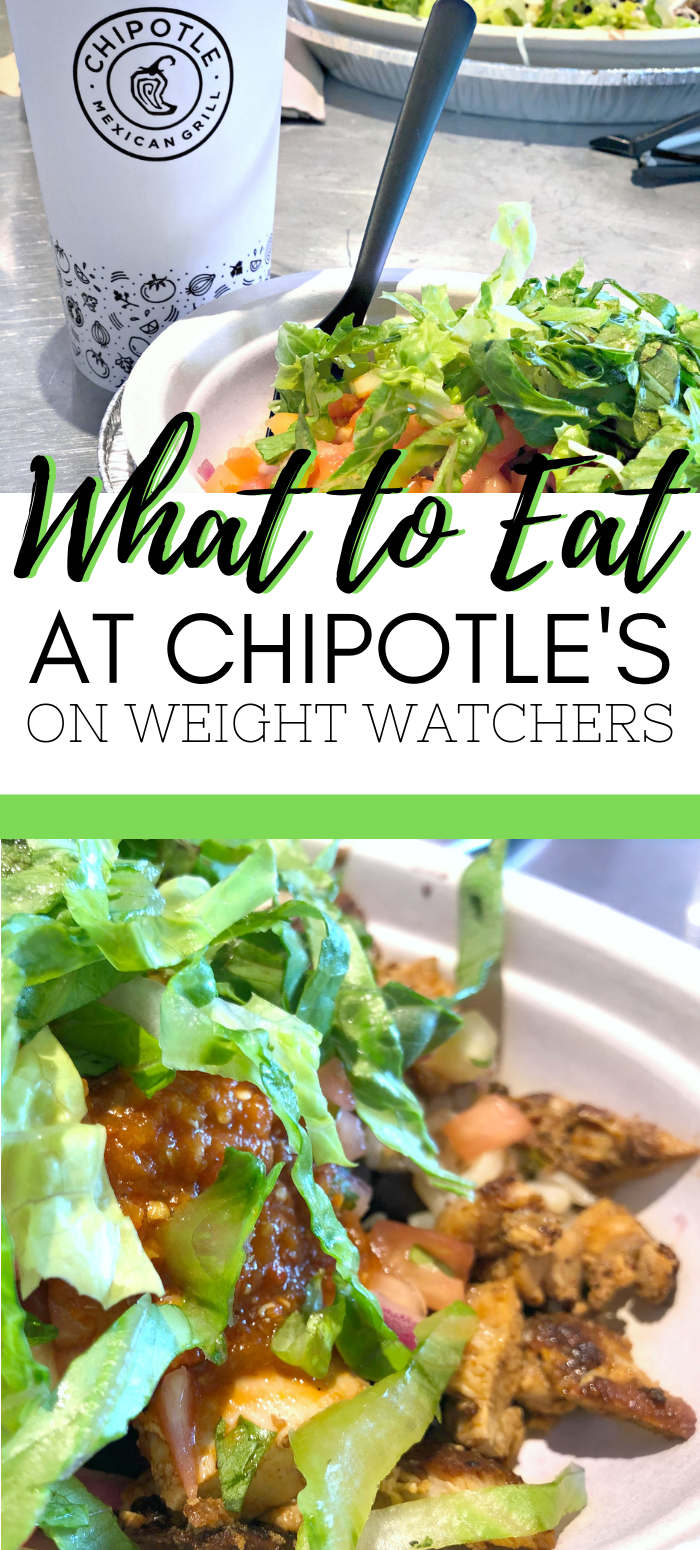 A burrito bowl from Chipotles is pictured, a banner in between reads, "What to Eat at Chipotle's on Weight Watchers" and below is a picture of all the Chipotle's ingredients. 
