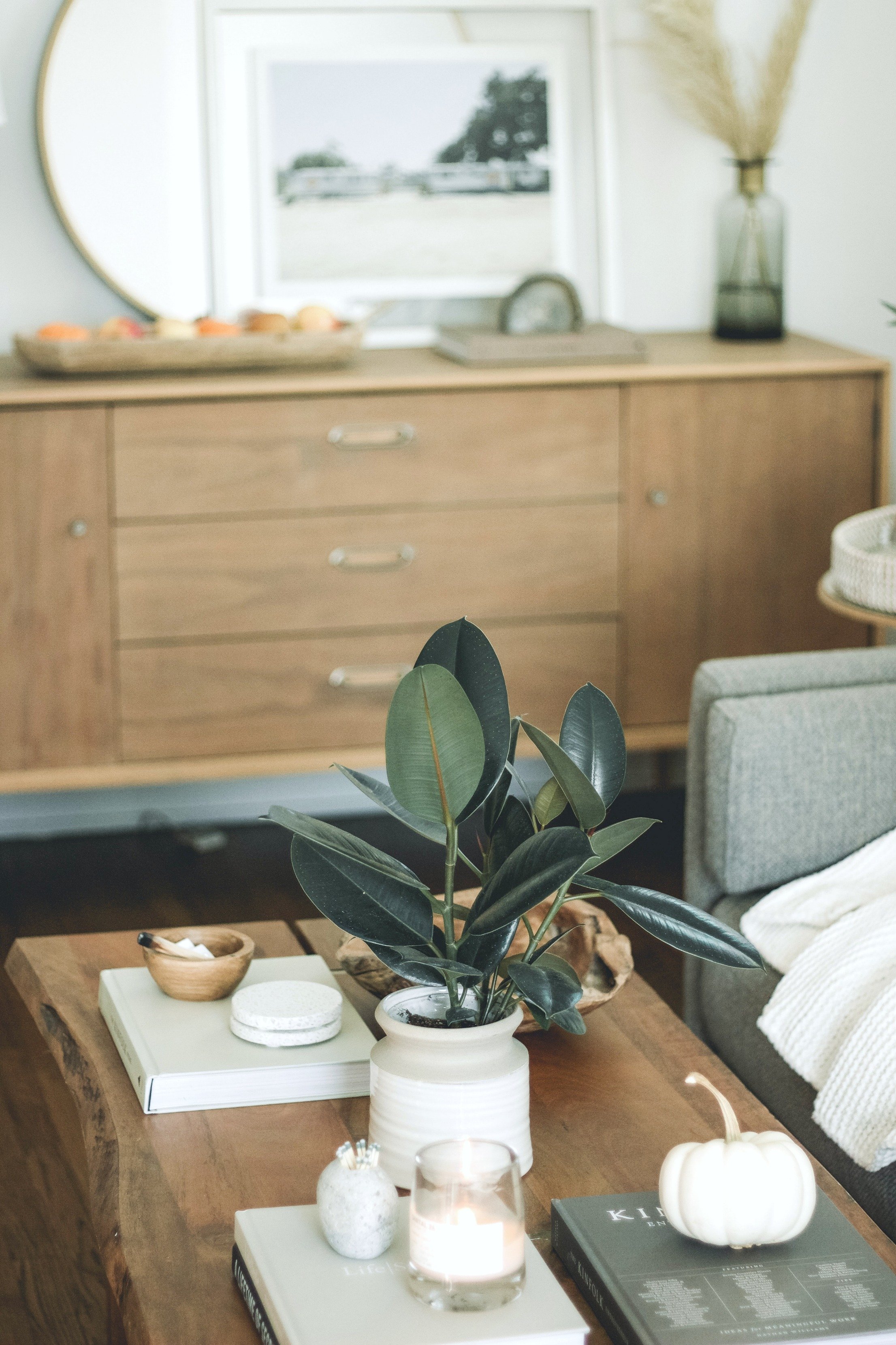 A neutral living with a coffee table neatly adorned. 