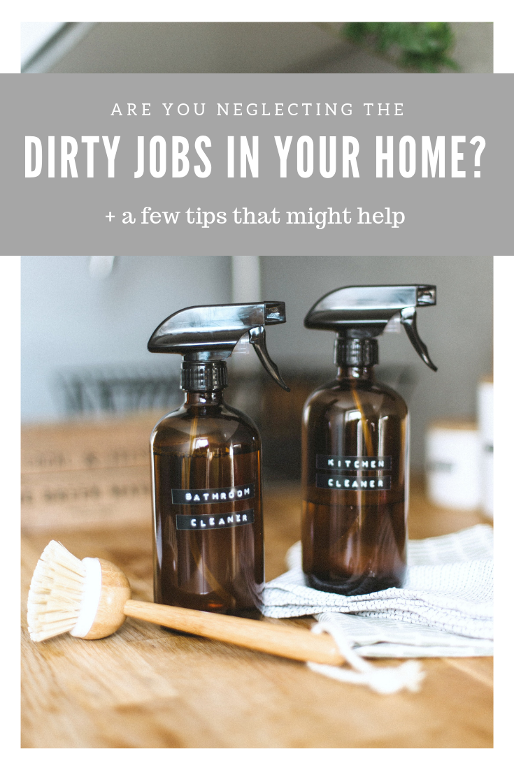 A banner reads, "Are you neglecting the dirty jobs in your home? + tips that can help!" a picture of Two cleaning bottles for the Kitchen and Bathroom sit on a countertop with a cleaning brush is shown.