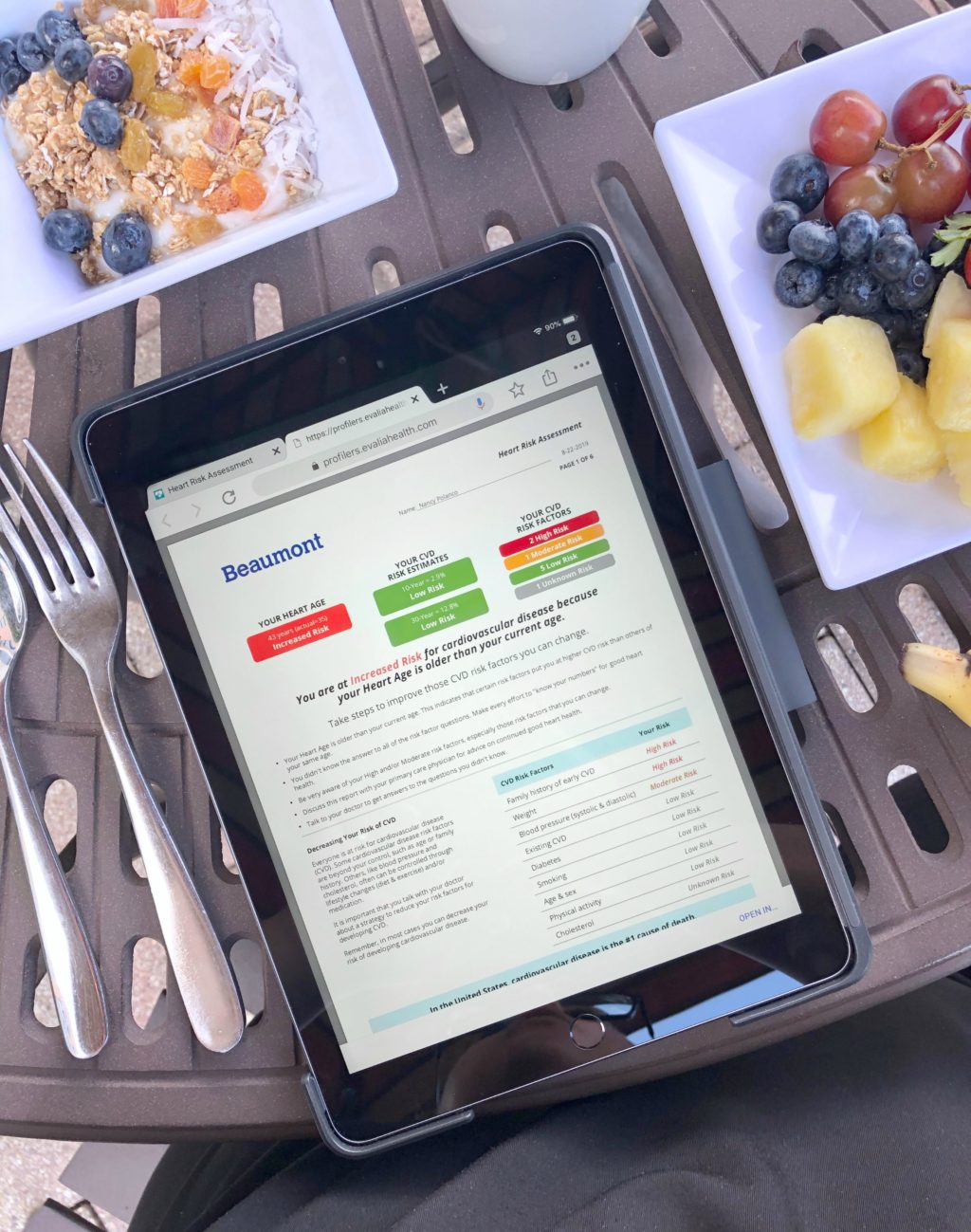 Flatlay of a tablet with the results of Beaumont's Health Risk Assessment. A yogurt parfait and a plate of fruit are on a table. 