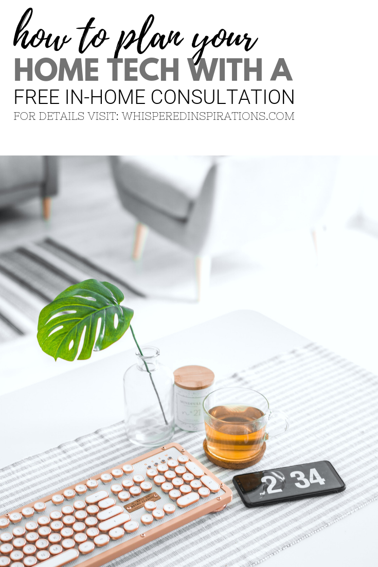 A banner reads, "how to plan your home with a free in-home consultation," a picture of A computer desk in a living room, with a keyboard, mobile phone, and a cup of tea. 