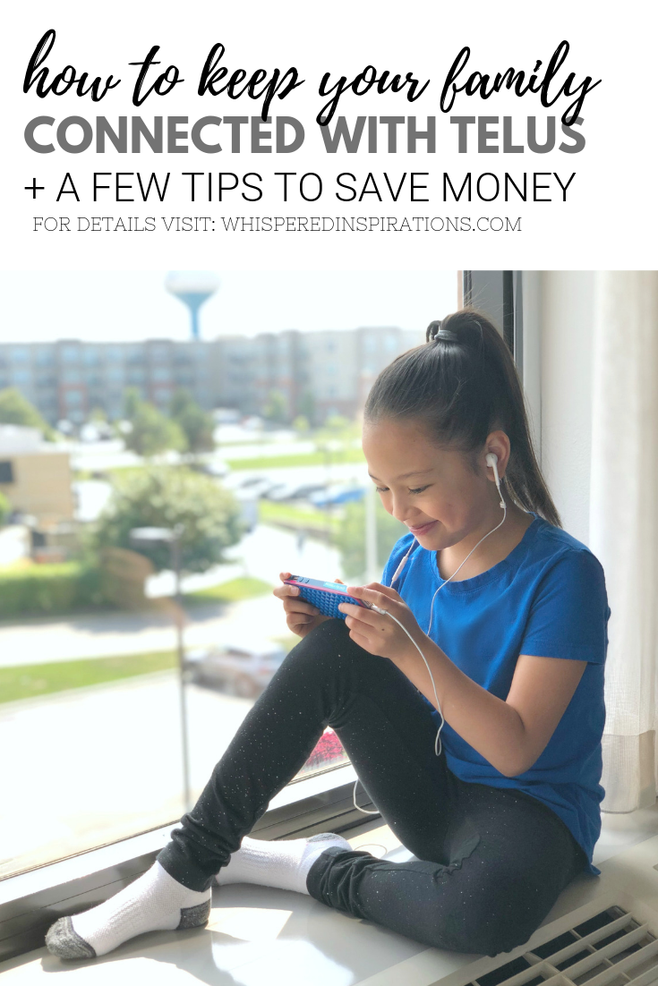 A banner reads, "How to keep your family connected with TELUS + tips that can save you money," a picture of a little girl sitting in a hotel and watching YouTube.