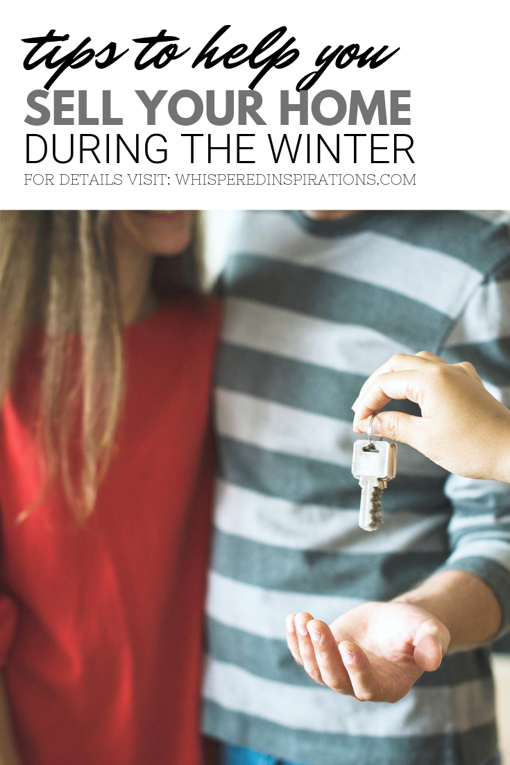 A banner reads, "tips to help you sell your home during the winter," a picture of A young couple are being sold a home, they are having the keys handed to them is shown.