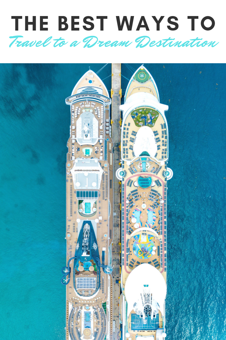 A banner reads, "the best ways to travel to a Dream Destination," a picture of A bird's eye view of cruise ships at a port. 